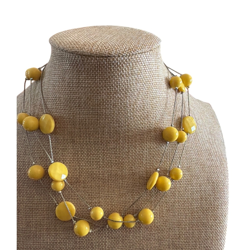 Vibrant Yellow Multi Strand Resin Bead Statement Necklace Silver Tone Tiered